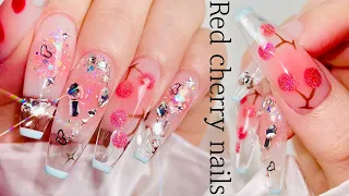 Cherry Cheek Nails🍒 Transparent and unique! ASMR / Self Nail / Nail Art / Nail Extension