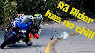 2019 Yamaha R3 has no chill. Riding super close. Doing a wheelie and dragging knees !!