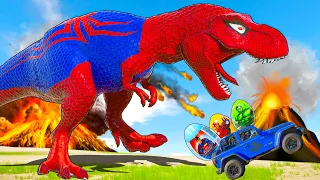 One Spiderman T-Rex vs Other Big Colorful CARNIVORE and HERBIVORE BATTLE ROYALE ISLA NUBLAR Jurassic