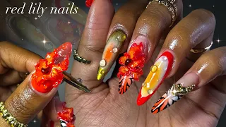 Red Lily Nails🌺🐅✨| acrylic nails freestyle + 3D flower nail art!✨