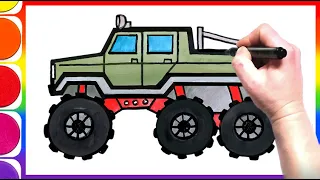 HOW  TO DRAW MONSTER PICKUP TRUCK 6x6  three-axle car pickup  SIMPLE DRAWING