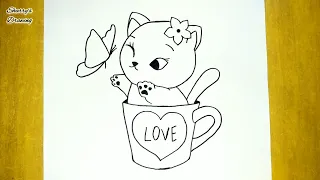 How to Draw Baby Kitten inside Cup | Cat in Cup Drawing Easy