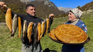 Trout Caught In A Mountain River And Freshly Baked Bread for Dinner! ASMR Village Cooking