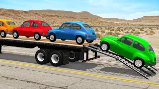 Small Cars Transporatation with Truck on Flatbed Trailer - Speed Bump vs Car - BeamNG.Drive