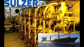 Huge Sulzer Ship Engine Running at Full Speed Engine Room Walk Around