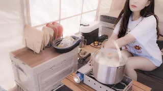 Spring camping with a nice view🍖Charcoal grilled back ribs🍤Grilled shrimp🍲Chicken soup⛺️Camping