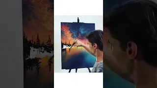Painting a colorful night sky reflection using acrylics🎨 #shorts #acrylicpainting #nightskypainting
