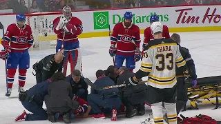 Canadiens’ Danault stretchered off after taking Chara slap shot to the head