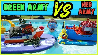 Plastic Army Men Swimming Pool Boat CHALLENGE Evan's GREEN VS dad's RED TEAM