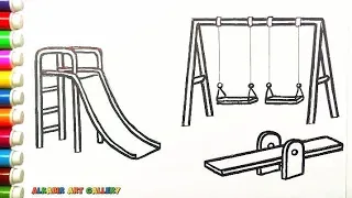 How to Draw a Playground with Slide, Swing and Seesaw | How to Draw Child Park | Cute easy Drawings