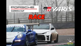 Toyota GR Yaris keeping up with a Porsche 911 GT3 Cup Car on a F1 Circuit
