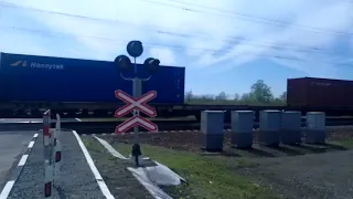 [РЖД] [Неисправная сигнализация] 2ЭС6-058 с контейнерным поездом проезжает железнодорожный переезд