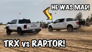 FORD RAPTOR OWNER CALLS ME OUT TO A DRAG RACE IN MY RAM TRX! *SAND DRAGS*