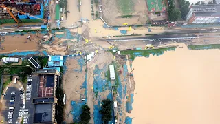 Aerial video shows alarming water levels in communities of Zhengzhou