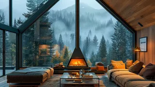 Cozy Forest Living Room - Relaxing Jazz Instrumental for Stress Relief | Rainy Day Serenity 🌧️