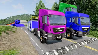 Double Flatbed Trailer Truck vs Speedbumps Train vs Cars | Tractor vs Train Beamng.Drive 001