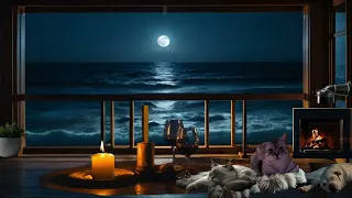 4K Moonlit Ocean Night with Fireplace and Wine  8 Hours of Relaxing Seaside Ambience