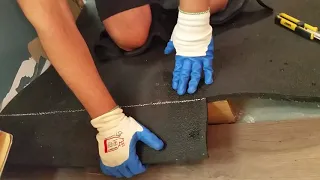 How to cut THICK rubber flooring (gym slab mat) - BEND the rubber, then cut.
