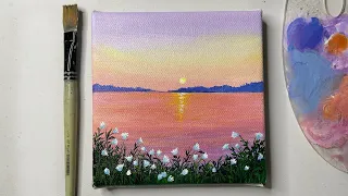 Sunset by the lake painting/white flower painting /easy acrylic painting for beginners/#55