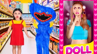 GAMES in Real Life || Squid Game Doll VS Huggy Wuggy! RICH vs BROKE Player by 123 GO! CHALLENGE