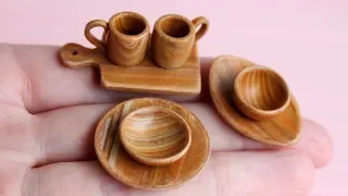 Miniature dishes with imitation wood. Polymer clay. Tutorial. DIY. Миниатюрная посуда под дерево.