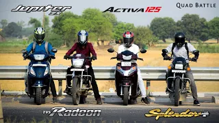 Hero Splendor Plus BS6 Vs TVS Radeon Vs Honda Activa 125 BS6 Vs TVS Jupiter BS6 | Quad Battle