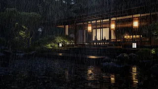 Sleep with Rainstorms and Thunder on the Roof in a Traditional Wooden House at Night