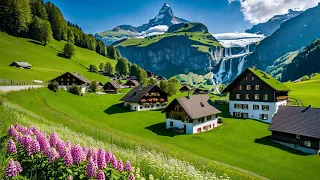 🇨🇭🌸❄️Heavenly mountain village, MURREN, Switzerland, Relaxing walk, 4K HDR