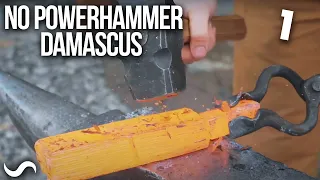 MAKING A DAMASCUS BOWIE WITH A HAND HAMMER!!! Part 1