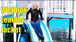 Wetlook Leather Jacket | Wet look girl in water slide | Wetlook Blond Girl