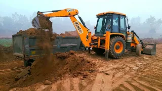 Jcb 3Dx Backhoe Making Farm With Loading Red Mud in Ashok Leyland 2518 Truck And 10 Tayar Dumper