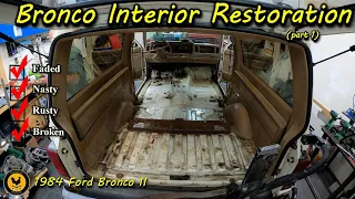Bronco II gets gutted. Headliner recovery how to and I find a hidden surprise under the carpet.