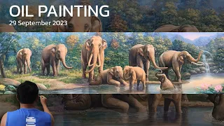 Oil Painting Time lapse - ภาพวาดช้าง 8 ตัว ขนาด 80 x 200 cm.