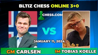 Magnus Carlsen vs GM Tobias Koelle | Blitz Chess 3+0 | ChessCom | January 11, 2024