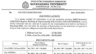 satavahana university degree 2nd sem and 4th sem exam fee notification 2024