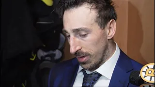 Montgomery, Pastrnak, Swayman, and Marchand react following the Game 2 loss to Florida / 8.05.2024