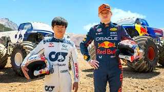 F1 Drivers Race HUGE Mega Trucks! (Max Verstappen vs Yuki Tsunoda)