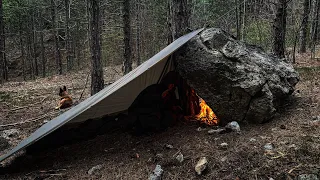 SOLO WINTER BUSHCRAFT OVERNIGHT - Defender Tarp under Huge Rock Shelter