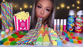 ASMR SOUR RAINBOW JELLY STRAWS, NIK-L-NIPS WAX BOTTLE, EDIBLE LIPSTICK, LEGO JELLY, CANDY MUKBANG 먹방