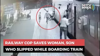 Watch: Railway Cop Saves Woman, Son Who Slipped While Boarding Train