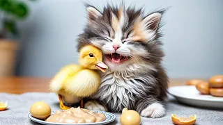 The kitten and duckling share their favorite food together! Eating together is so much fun! 🤣 Funny!