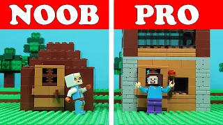 Lego Minecraft NOOB vs PRO - First Night HOUSE Build Challenge - Animation