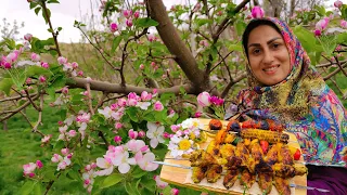 Cooking among apple blossoms - Chicken Wings Kebab on the Campfire