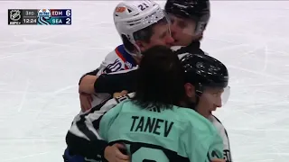 Edmonton Oilers vs Seattle kraken scuffle at center ice ￼