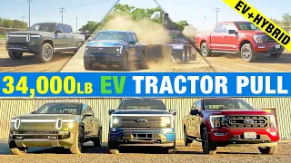 Rivian R1T vs. Ford F-150 Lightning vs. Ford F-150 Hybrid Tractor Pull Showdown