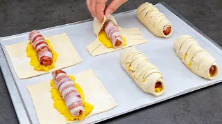 Appetizer with mashed potatoes and sausages. Wrap everything in puff pastry and bake it!