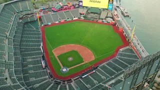 Continuous 4K Drone Shot of Oracle Park to the San Francisco Skyline to the Bay Bridge Bridge