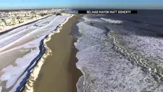 Raw: Drone View of NJ Beaches Under Snow