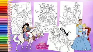 Coloring Disney Prince & Princess Riding Horses Cinderella Aladdin Sleeping Beauty  Coloring Pages