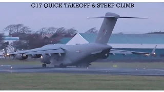 RAF C17 EXTREMELY SHORT TAKEOFF & STEEP CLIMBOUT at Prestwick Airport